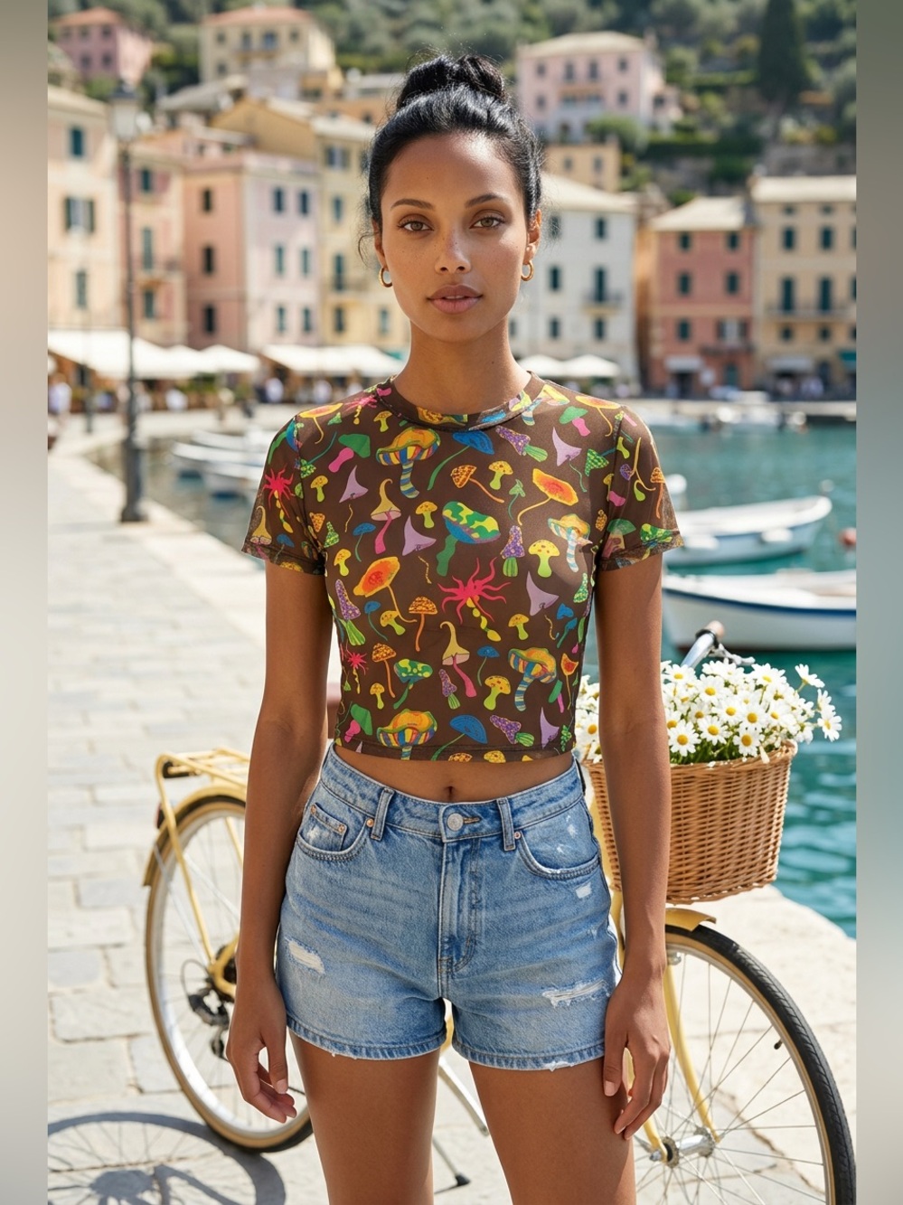 NWT WoWo Women’s Teens Brown Mesh Mushroom Print Crop Top - Size Large